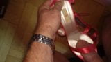 Daugh's new red Satin Elle highheel sandals cummed snapshot 10