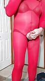 Gay Crossdresser masturbate and cum in red nylon bodystocking. snapshot 8