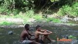 Two young Latinos pack mouths and butts outdoors snapshot 1