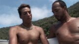 Two sexy Latin studs fuck good in a boat outdoors by the sea snapshot 3