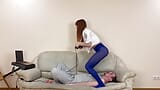 Female Dominant Gamer Girl in Blue Pantyhose - Ignoring Full Weight Facesitting on Slave's Face-chair Non Stop snapshot 13