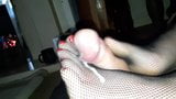 Fishnet stockings footjob with my long toes snapshot 10