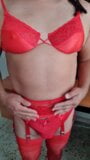 Red lingerie, getting warm in red stockings, panties, bra and garter belt snapshot 1