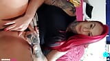 Tattooed girl with pink hair, showing GG clit - with soles of her feet snapshot 3