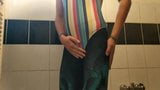 Me pissing in striped swimsuit and workout tights snapshot 1