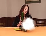 Beautiful German brunette playing with two hard cocks and a cucumber snapshot 2