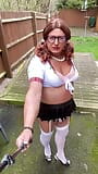 Amateur crossdresser Kellycd2022 sexy milf in mini skirt and stockings peeing her panties in heels sissy outdoors snapshot 2