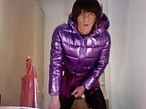 jess silk riding dildo in purple satin dress and shiny purple jacket wth short wig snapshot 2