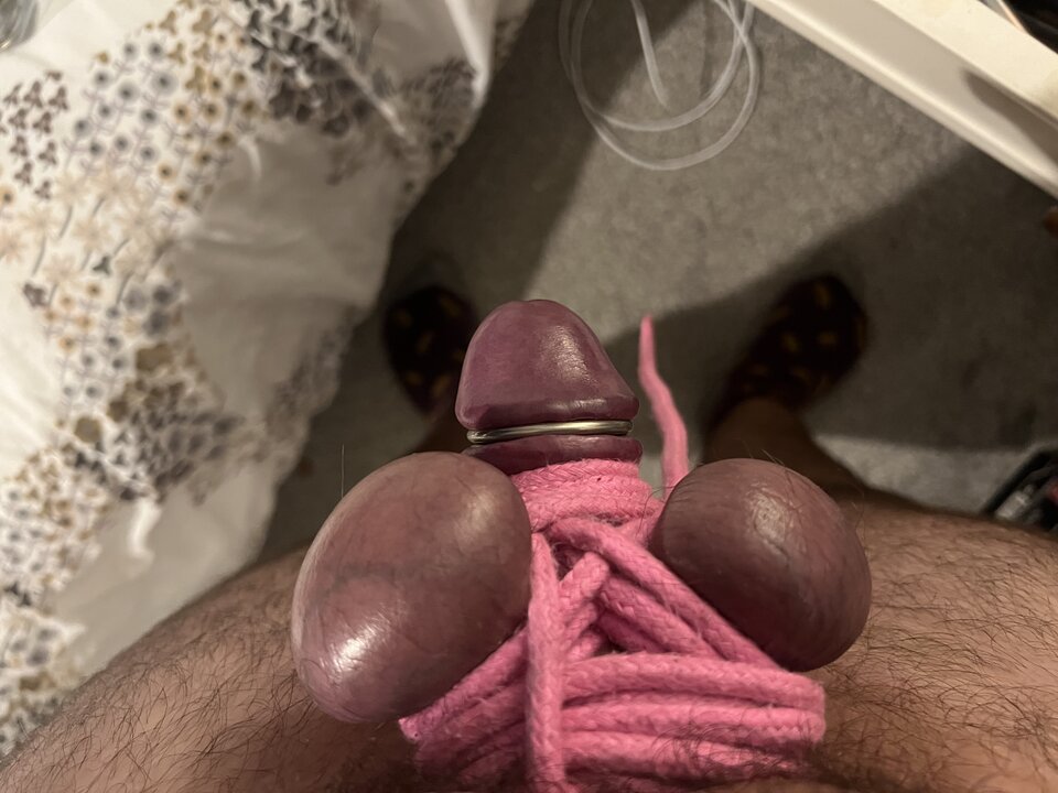 Cock And Ball Bound Extremely Tight With Pink Rope Until They Turn Dark 