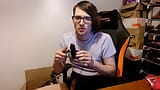 Femboy shows socks and cums twice wearing a dildo gag for 68 seconds then plays with cum lube snapshot 2