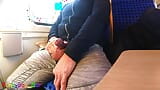 Very spontaneous, quick gay jerk off and big cumshot on a driving train. snapshot 4