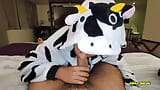 Dreichwe in a cow pijama sucking and riding my big uncut cock until he earns my hot milk snapshot 5