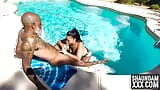 Азиатка Krystal Davis и Shaundam занимаются сексом у бассейна перед открытым бассейном snapshot 8