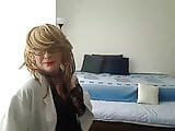 MILF tranny showing off and petting on webcam in a black satin dress, white blouse and red heels snapshot 2