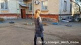 Horny female in a coat flashes tits and pussy in the neighborhood snapshot 3