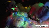 Black-light babes Nadia and Ophelia suck off a colorful cock snapshot 7