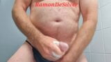 Master Ramon massages his divine cock in a sexy black thong with lots of spit and soap, very wet and cheesy, hot snapshot 16