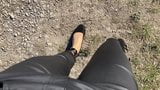 Crossdresser in leather leggings & shiny multilayered nylons snapshot 4