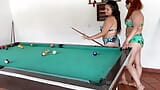 My girlfriend teaches me how to play pool and shoves those balls and cue into my pussy snapshot 1