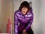 jess silk riding dildo in purple satin dress and shiny purple jacket wth short wig snapshot 3