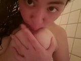 My white chick try to suck her nipples while taking shower snapshot 4