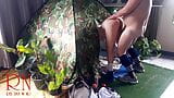 Sex in camp. Enf, Blowjob. A stranger fucks a nudist lady in her pussy in a camping in nature. snapshot 7