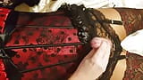 Crossdresser CorsetLoverCD wanks and cums in red and black lingerie snapshot 2