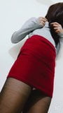 Crossdresser Teasing in Red Pencil Skirt and Pantyhose snapshot 3