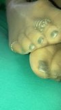 Nylon Footjob with silver polished toenails and toerings snapshot 4