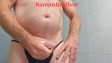 Master Ramon massages his divine cock in a sexy black thong with lots of spit and soap, very wet and cheesy, hot snapshot 12