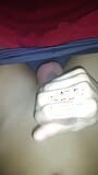 Before going to sleep young man plays with his big thick dick shaved under the sheet putting out underwear snapshot 8