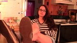 Penny nerdy Sperry fondling on table, sock removal bare PREV snapshot 8