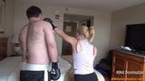 Beautiful Blonde Girl Beating Boxing Big Guy snapshot 5