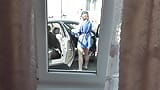 Sexy MILF in bathrobe without panties cleans interior car in courtyard of house. No panties. Naked in public. Outdoor. Outside snapshot 19