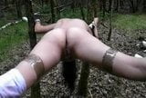 An ein Kreuz gefesselt und mit einem großen Dildo im Wald gefickt snapshot 2