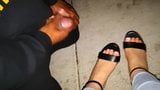 Black pervert cumming on sexy feet in black sandal in public snapshot 7