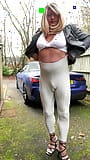 Amateur crossdresser Kellycd2022 sexy milf peeing in my leggings and masturbating my sissy gurl cock on my driveway snapshot 2