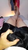 Crossdressing wearing shiny satin silk black skirt snapshot 4