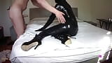 25 Minutes Fucking and Sucking on Condom Catsuit and High Heels snapshot 2