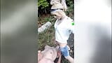 Hiking tour with naked slave on a leash! Tranny Girl dominates guy and piss him off! snapshot 3