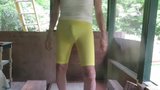 Spandex sissy shows you his little boner bulge. snapshot 1