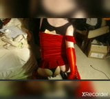Red dressed crossdresser with COCK cage and black dildo snapshot 9