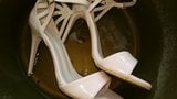 Pissing onto my girl friend's beige Highheel Sandal Shoes snapshot 6