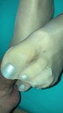 Nylon Footjob with silver polished toenails and toerings snapshot 10