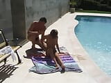 Two horny dudes and a slim French woman having a great time near the pool snapshot 1