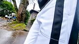 Freeballing and Bulging in public showing off my big cock in white sweatpants on a rainy day snapshot 9