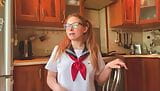 cosplay in japanese school uniform, girl masturbates and cums in the kitchen snapshot 8