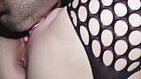 I'm wearing my fishnet stockings and he can't resist he has to lick my shaved pussy until I cum...I get too wet snapshot 5