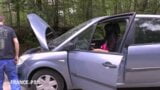 Big boobs Milf anally fucked on the road by the mechanic snapshot 3