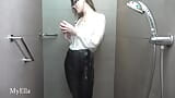 Ella taking a soapy shower in shiny legging, with blowjob snapshot 7